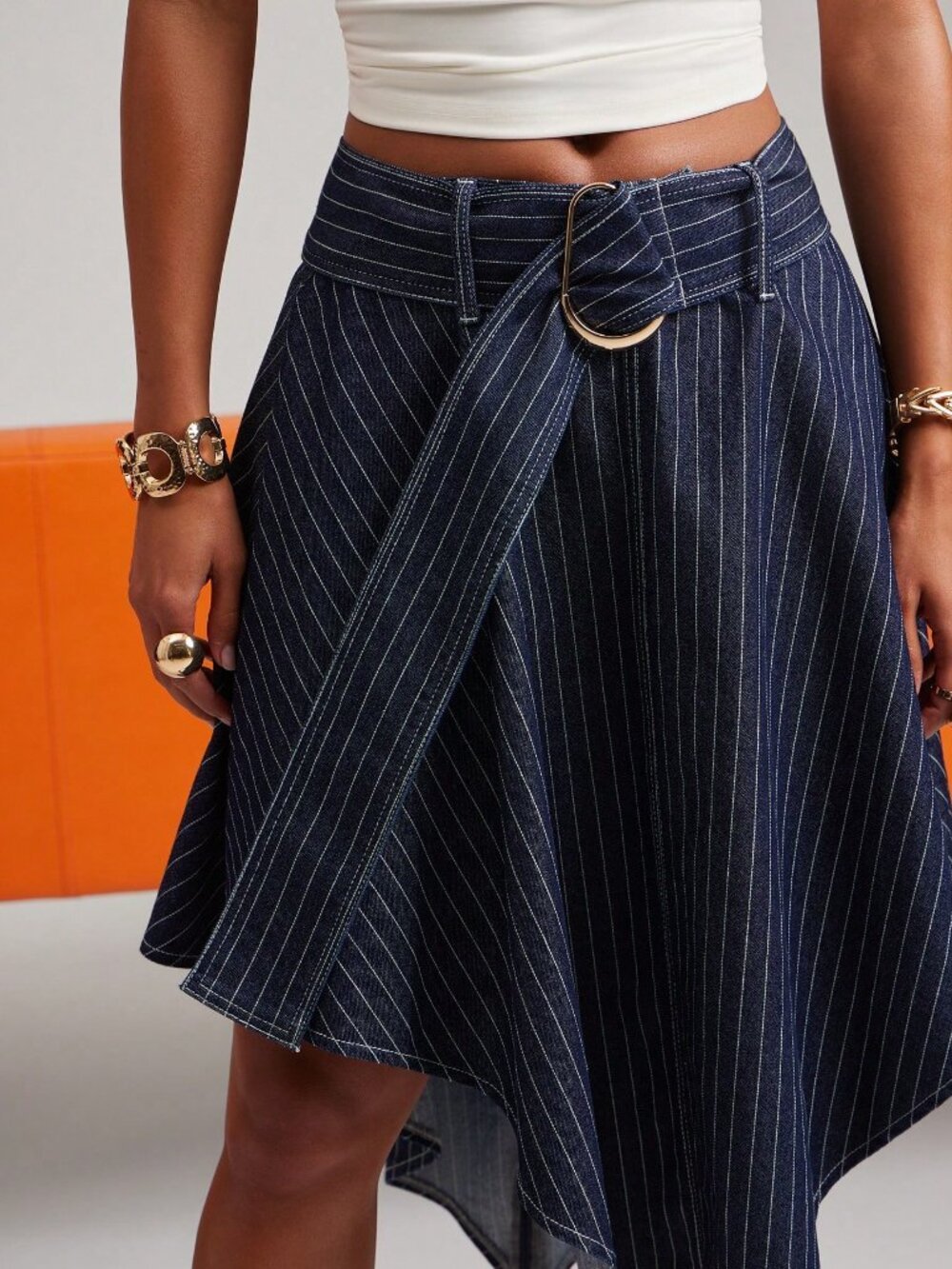 Dark Wash Casual Women's Loose Midi A-Line Zipper Belted Striped Denim Skirt
